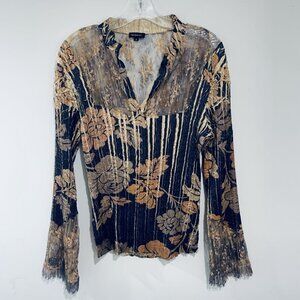 Komarov Womens Crinkle‎ Lace Top Medium Brown Witchy Y2K Fairy Whimsigoth Floral